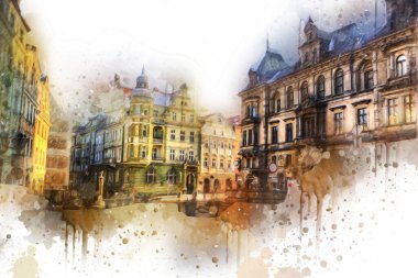 Klodzko şehir merkezi, hava kalesi sanat illüstrasyonundan antika eskiz.