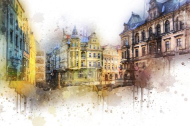 Klodzko şehir merkezi, hava kalesi sanat illüstrasyonundan antika eskiz.