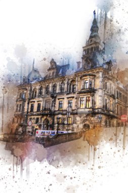 Klodzko şehir merkezi, hava kalesi sanat illüstrasyonundan antika eskiz.