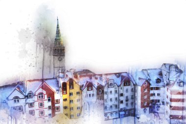 Klodzko şehir merkezi, hava kalesi sanat illüstrasyonundan antika eskiz.