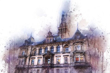 Klodzko şehir merkezi, hava kalesi sanat illüstrasyonundan antika eskiz.