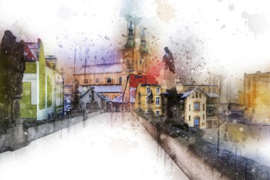 Klodzko şehir merkezi, hava kalesi sanat illüstrasyonundan antika eskiz.