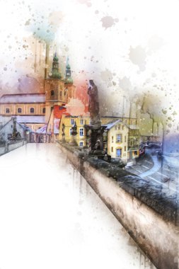 Klodzko şehir merkezi, hava kalesi sanat illüstrasyonundan antika eskiz.