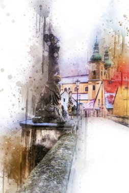 Klodzko şehir merkezi, hava kalesi sanat illüstrasyonundan antika eskiz.