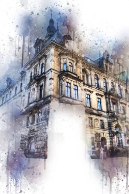 Klodzko şehir merkezi, hava kalesi sanat illüstrasyonundan antika eskiz.