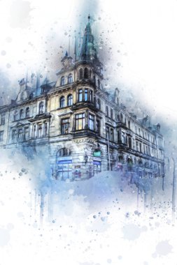 Klodzko şehir merkezi, hava kalesi sanat illüstrasyonundan antika eskiz.