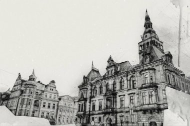 Klodzko şehir merkezi, hava kalesi sanat illüstrasyonundan antika eskiz.