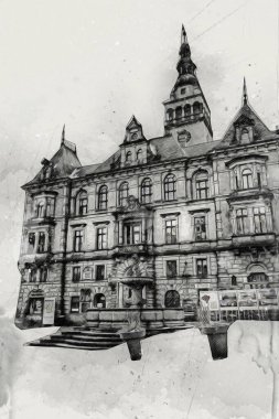 Klodzko şehir merkezi, hava kalesi sanat illüstrasyonundan antika eskiz.