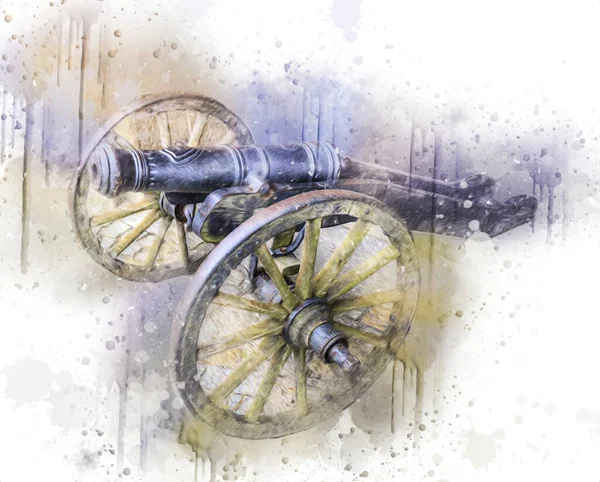 Tekerlekler üzerindeki antik top resimde izole edildi