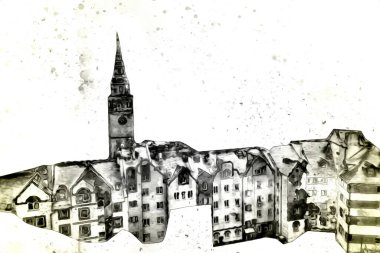 Klodzko şehir merkezi, hava kalesi sanat illüstrasyonundan antika eskiz.