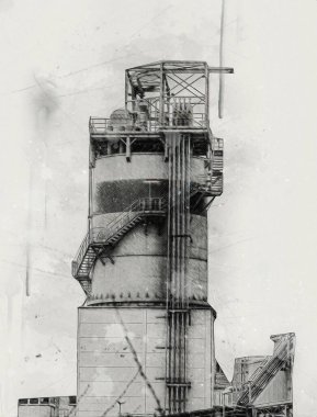 Bir fabrika fotoğrafçılık illüstrasyonunun bacaları ve siloları.