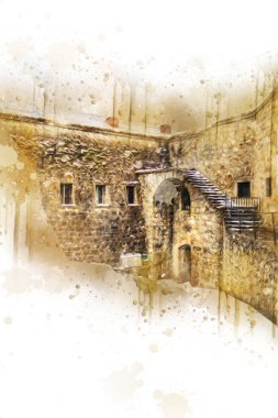 Klodzko 'nun kalesi, hava kalesi sanat resimlerinden antika eskiz eskizleri.