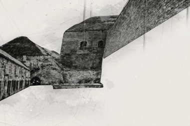 Klodzko 'nun kalesi, hava kalesi sanat resimlerinden antika eskiz eskizleri.