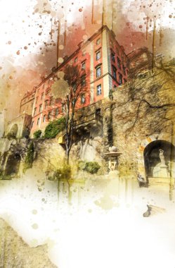 Ksiaz Şatosu Polonya Sicilya sanat retro illüstrasyon, sanat, çizim, eskiz, resim