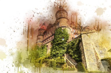 Ksiaz Şatosu Polonya Sicilya sanat retro illüstrasyon, sanat, çizim, eskiz, resim