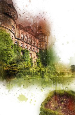 Ksiaz Şatosu Polonya Sicilya sanat retro illüstrasyon, sanat, çizim, eskiz, resim
