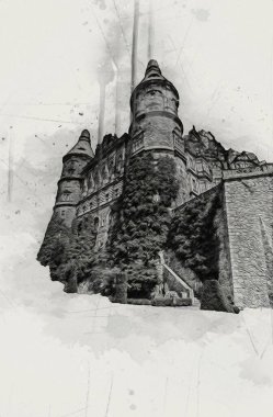Ksiaz Şatosu Polonya Sicilya sanat retro illüstrasyon, sanat, çizim, eskiz, resim