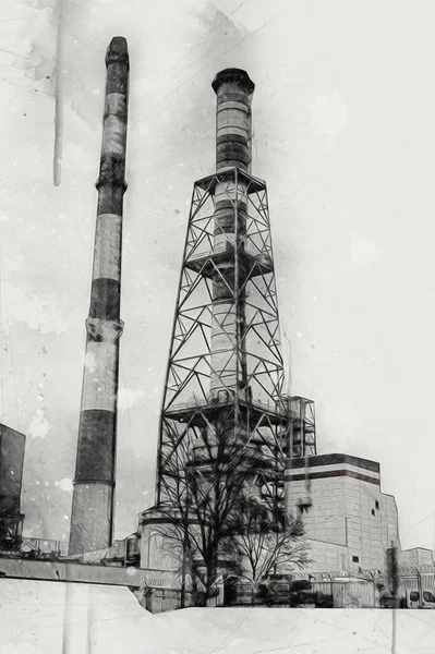工場の写真のイラストの感情の煙突とサイロ — ストック写真