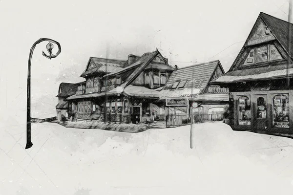 Ξύλινη Αρχιτεκτονική Του Zakopane Την Ημέρα Πολωνία Εικονογράφηση Σκίτσο Σχέδιο — Φωτογραφία Αρχείου