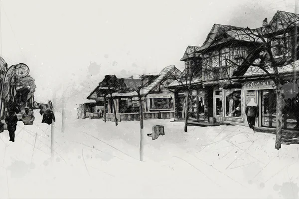 Dřevěná Architektura Zakopane Dne Polsko Ilustrační Kresba — Stock fotografie