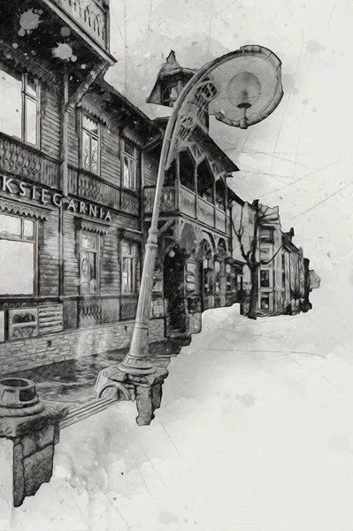 Ξύλινη Αρχιτεκτονική Του Zakopane Την Ημέρα Πολωνία Εικονογράφηση Σκίτσο Σχέδιο — Φωτογραφία Αρχείου