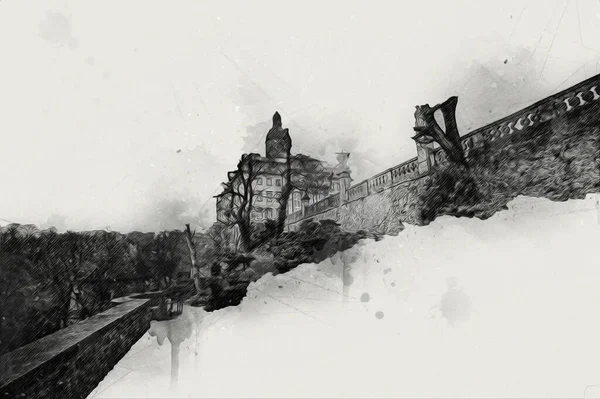 Ksiaz Castle Poland Silesia Art Retro Illustration Art Drawing Sketch — Stock Photo, Image