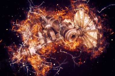 Tekerlekler üzerindeki antik top resimde izole edildi