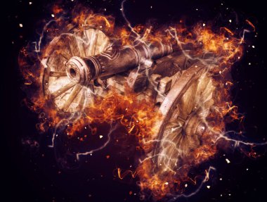 Tekerlekler üzerindeki antik top resimde izole edildi