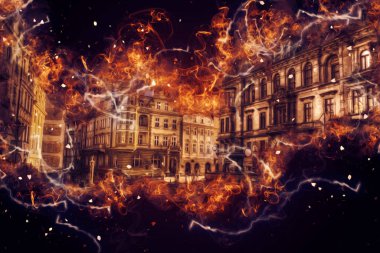 Klodzko şehir merkezi, hava kalesi sanat illüstrasyonundan antika eskiz.