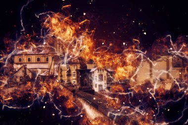 Klodzko şehir merkezi, hava kalesi sanat illüstrasyonundan antika eskiz.