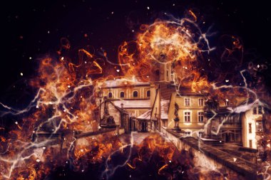 Klodzko şehir merkezi, hava kalesi sanat illüstrasyonundan antika eskiz.