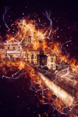 Klodzko şehir merkezi, hava kalesi sanat illüstrasyonundan antika eskiz.