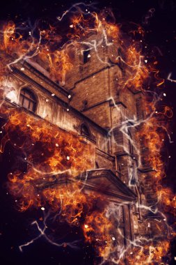 Klodzko şehir merkezi, hava kalesi sanat illüstrasyonundan antika eskiz.