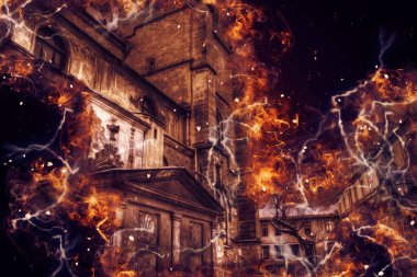 Klodzko şehir merkezi, hava kalesi sanat illüstrasyonundan antika eskiz.