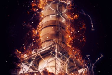 Bir fabrika fotoğrafçılık illüstrasyonunun bacaları ve siloları.