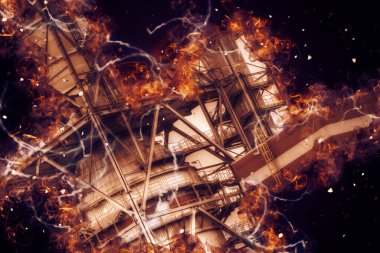 Bir fabrika fotoğrafçılık illüstrasyonunun bacaları ve siloları.