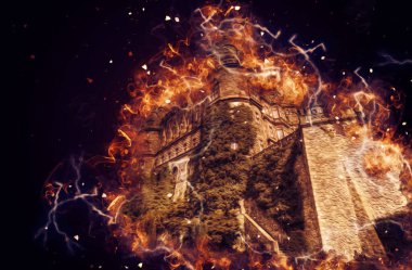 Ksiaz Şatosu Polonya Sicilya sanat retro illüstrasyon, sanat, çizim, eskiz, resim