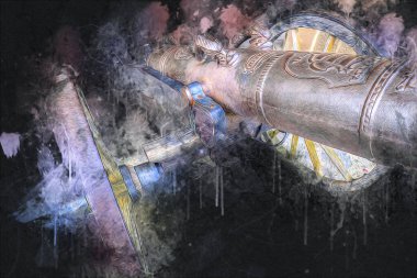 Tekerlekler üzerindeki antik top resimde izole edildi