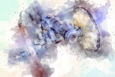 Tekerlekler üzerindeki antik top resimde izole edildi