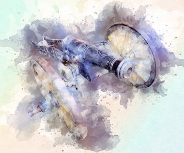 Tekerlekler üzerindeki antik top resimde izole edildi