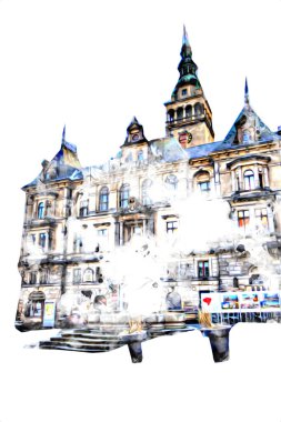 Klodzko şehir merkezi, hava kalesi sanat illüstrasyonundan antika eskiz.