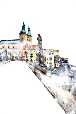 Klodzko şehir merkezi, hava kalesi sanat illüstrasyonundan antika eskiz.