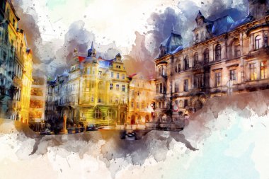 Klodzko şehir merkezi, hava kalesi sanat illüstrasyonundan antika eskiz.