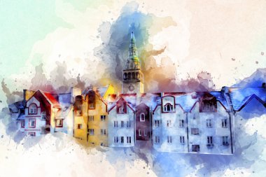 Klodzko şehir merkezi, hava kalesi sanat illüstrasyonundan antika eskiz.