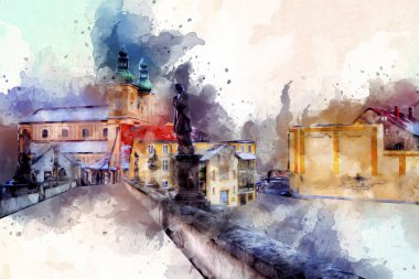 Klodzko şehir merkezi, hava kalesi sanat illüstrasyonundan antika eskiz.