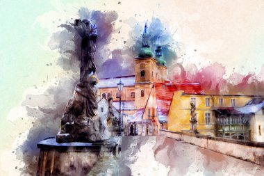 Klodzko şehir merkezi, hava kalesi sanat illüstrasyonundan antika eskiz.