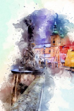 Klodzko şehir merkezi, hava kalesi sanat illüstrasyonundan antika eskiz.