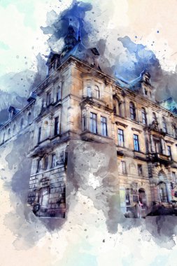 Klodzko şehir merkezi, hava kalesi sanat illüstrasyonundan antika eskiz.