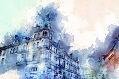 Klodzko şehir merkezi, hava kalesi sanat illüstrasyonundan antika eskiz.