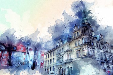 Klodzko şehir merkezi, hava kalesi sanat illüstrasyonundan antika eskiz.